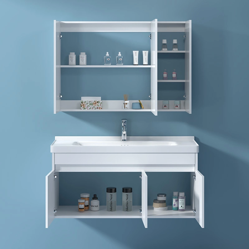 Plywood White Glossy Finish Modern Bathroom Cabinet with Ceramic Basin