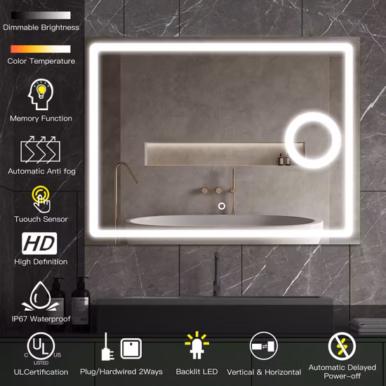 Ortonbath Front and Backlight, Stepless Dimmable Wall Mirrors with Anti-Fog, Shatter-Proof, Memory, 3 Colors, Double LED Vanity