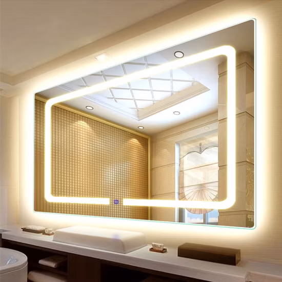 Jinghu 特大パーソナライズされた壁掛けバスルームミラー、LED照明付き長方形タッチスクリーンスマートバスルームミラー